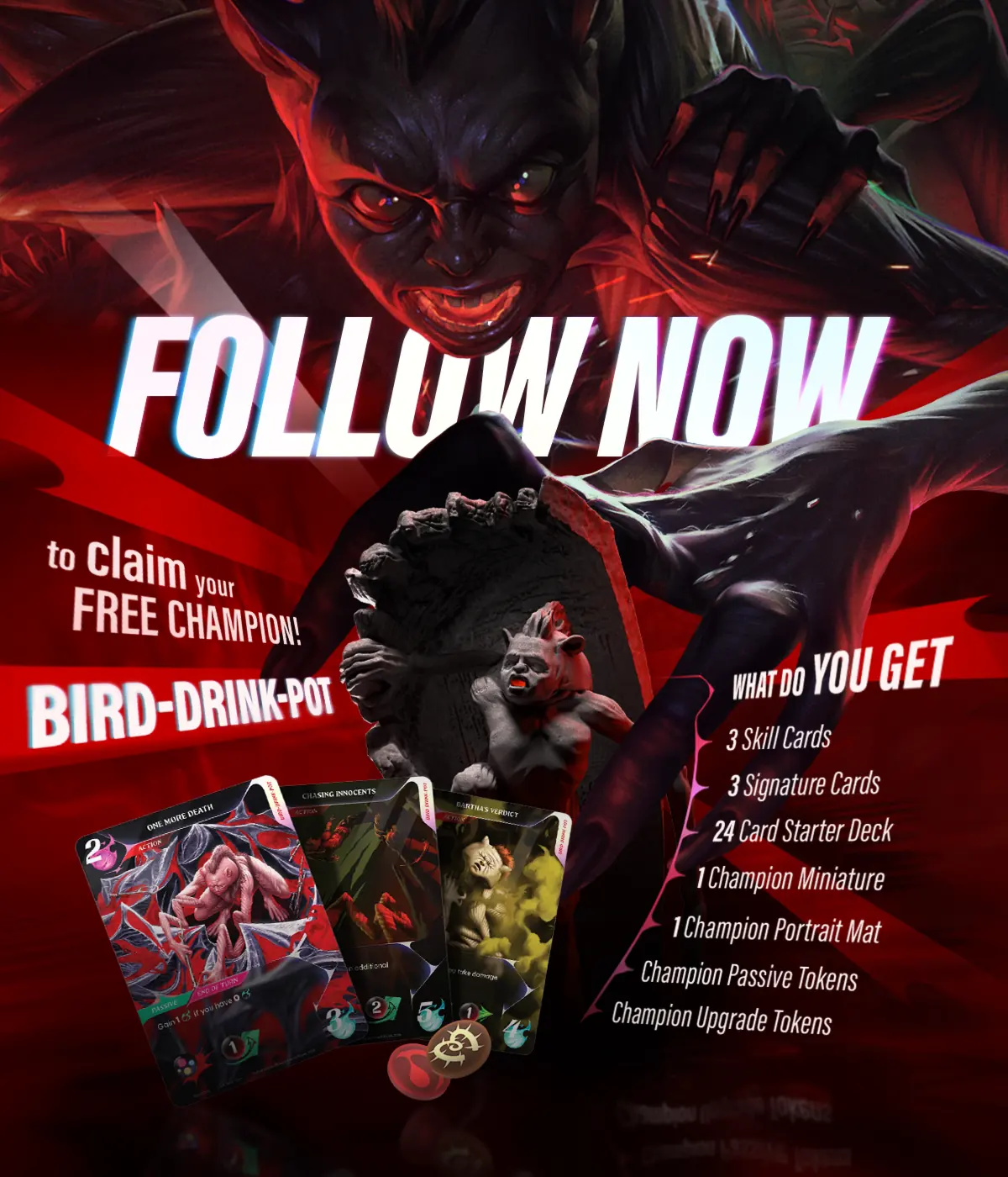 Follow now. Free champion miniature and starter cards.