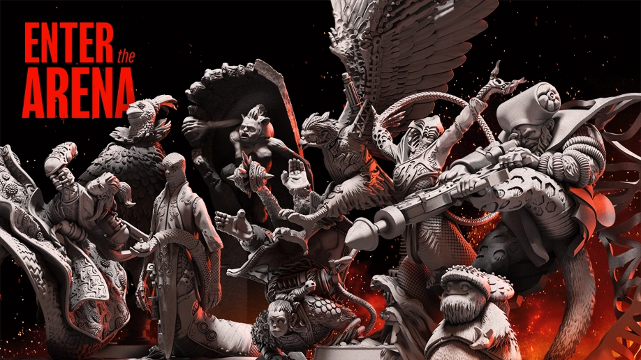 Eight unpainted champion miniatures on a dark ember field. Serpent-tailed Naag, armored Vaanar, winged Garuda, and a small mushroom figure. Enter the Arena.